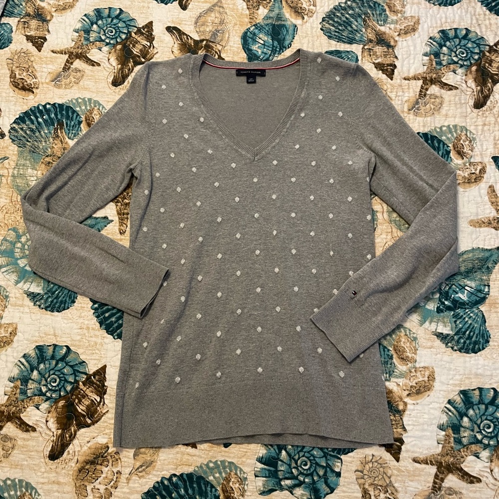 Gray V-Neck Sweater with Polka Dots